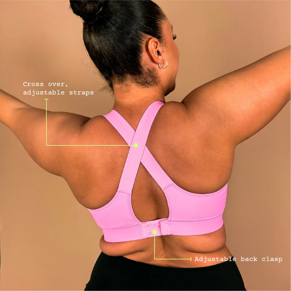 Back view of Gravity sports bra with cross back design for stability and support.