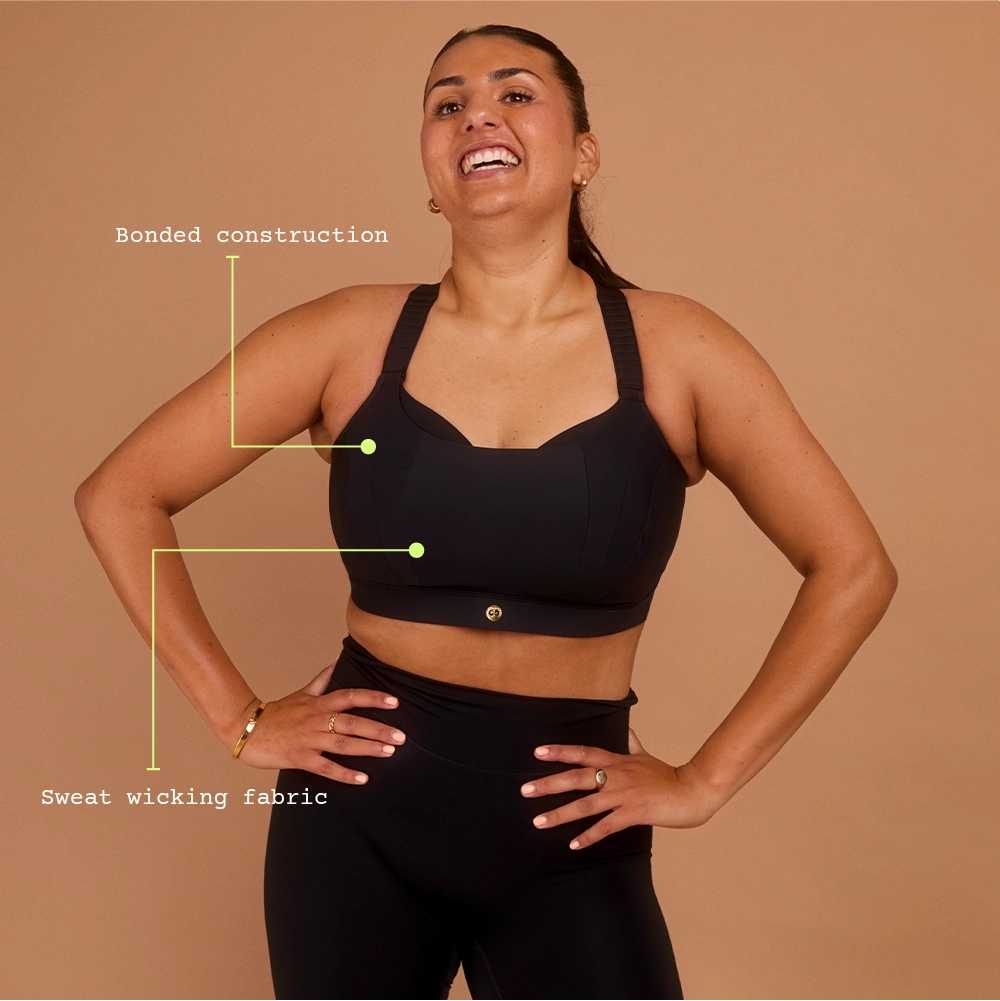 Smiling woman with hands on hips wearing black high impact sports bra and leggings