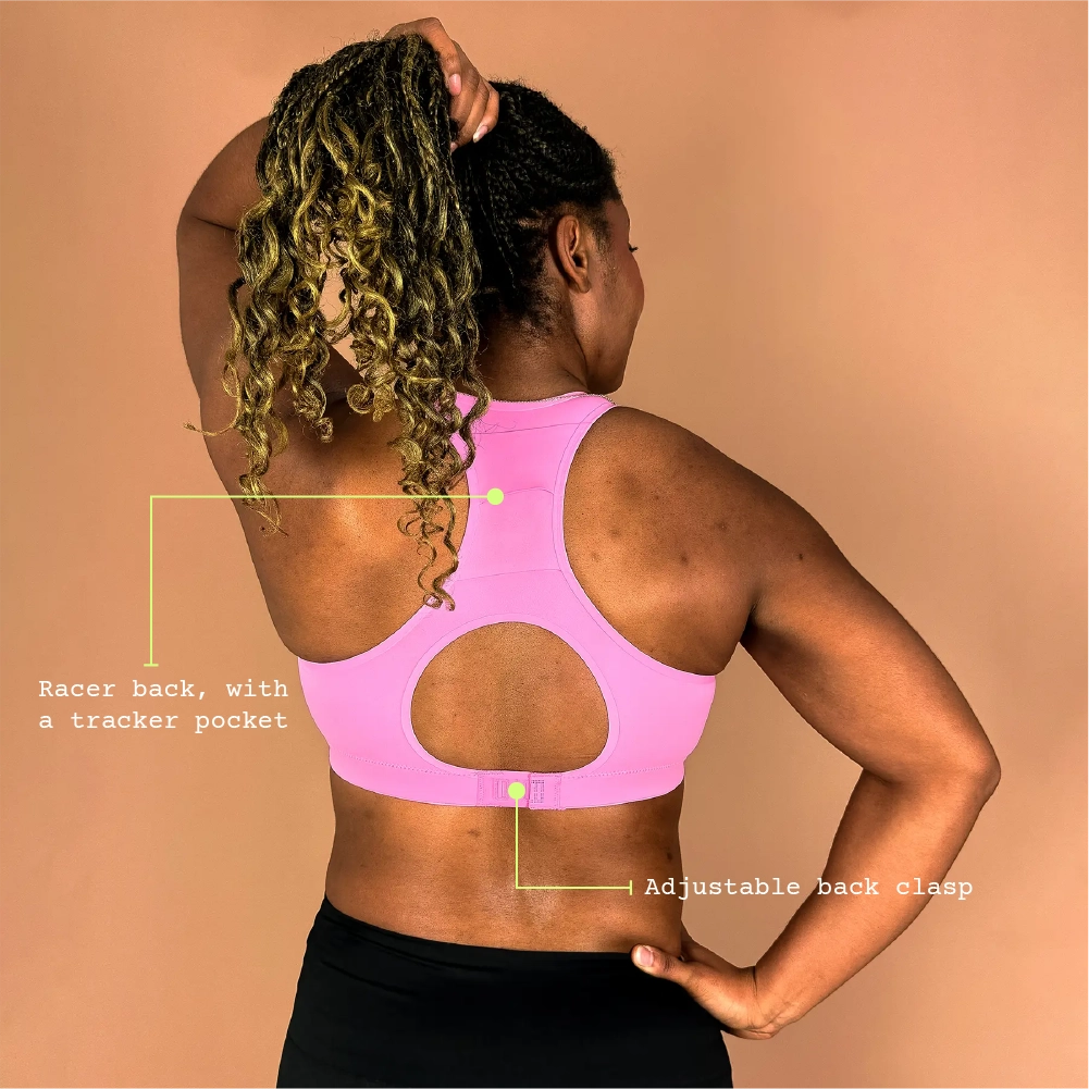 Back view of Cloud sports bra with open back shape and adjustable fit for gym workouts.