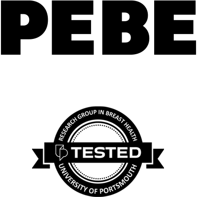 Black PEBE logo  and Portsmouth University circular 'tested' icon beneath.