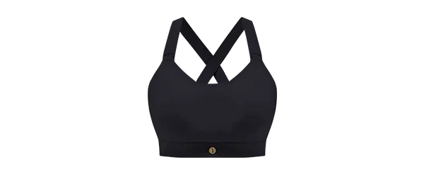 Black sports bra with criss-cross straps and a gold PEBE logo on the front band.