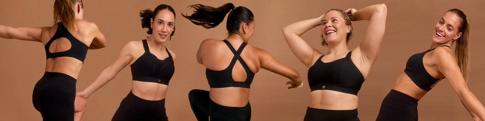 Women in black sports bras showing different fits and movements shown from front and back.